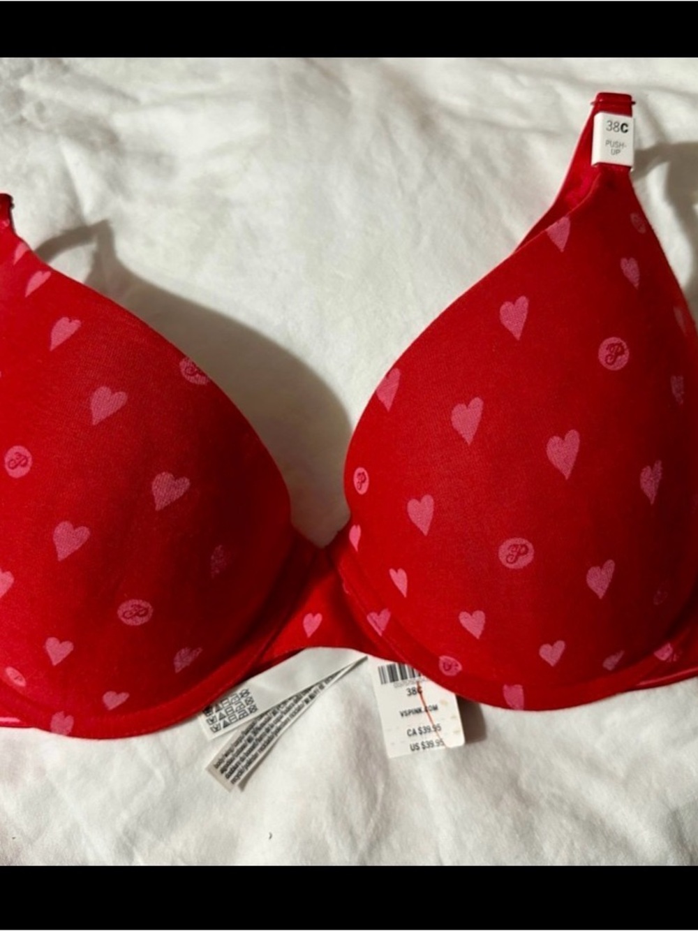 PINK Victoria's Secret Red Bra with Pink Heart Print